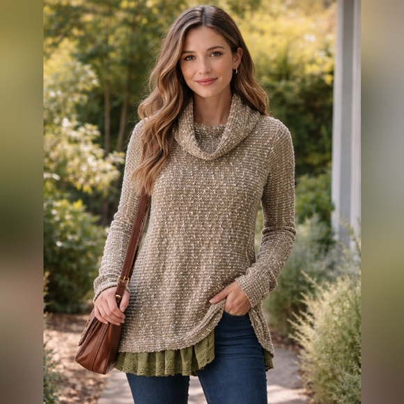 Altar'd State Dresses & Skirts - Altar'd State Green/White SWEATER DRESS Size Large Long Sleeve Lace Trim Floral